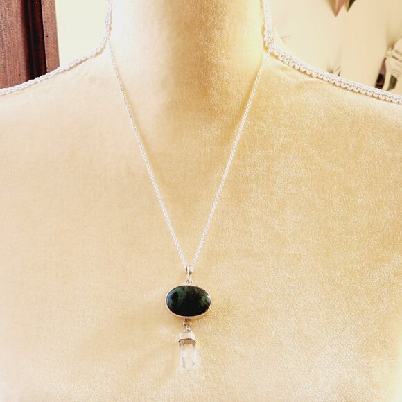 Black Green Zoisite Crystal Druzy Drop Boho 925 Sterling Silver Necklace - Picture 6 of 7